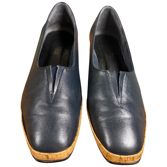Magdesian Women's 10 Navy Leather Cork Wedge Heels Comfort Casual Italy - Picture 8 of 11